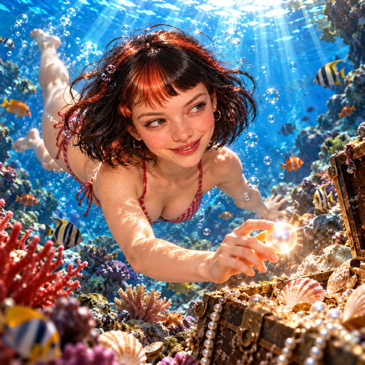Claudia reaching toward a glowing pearl in a coral reef